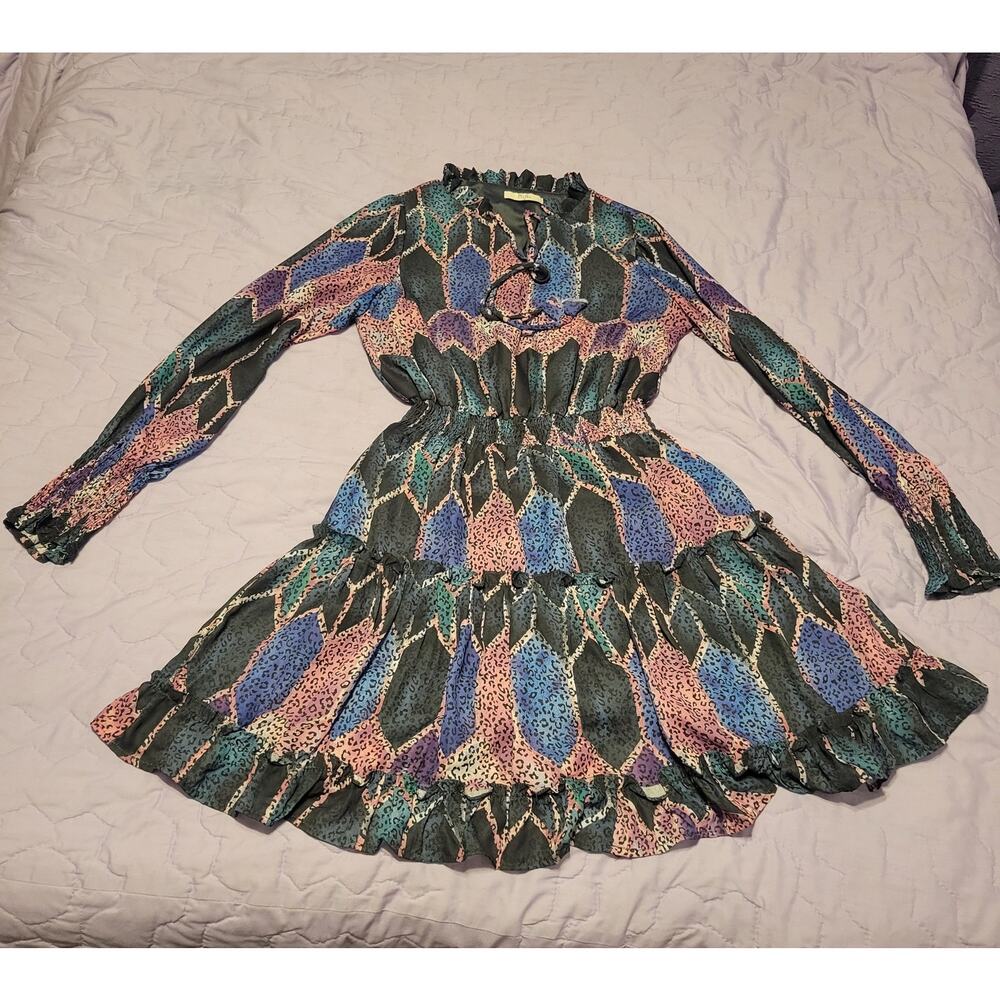 Mulla Long Sleeve Multicolor Animal Geometric Print Fit & Flare Mini Dress Small